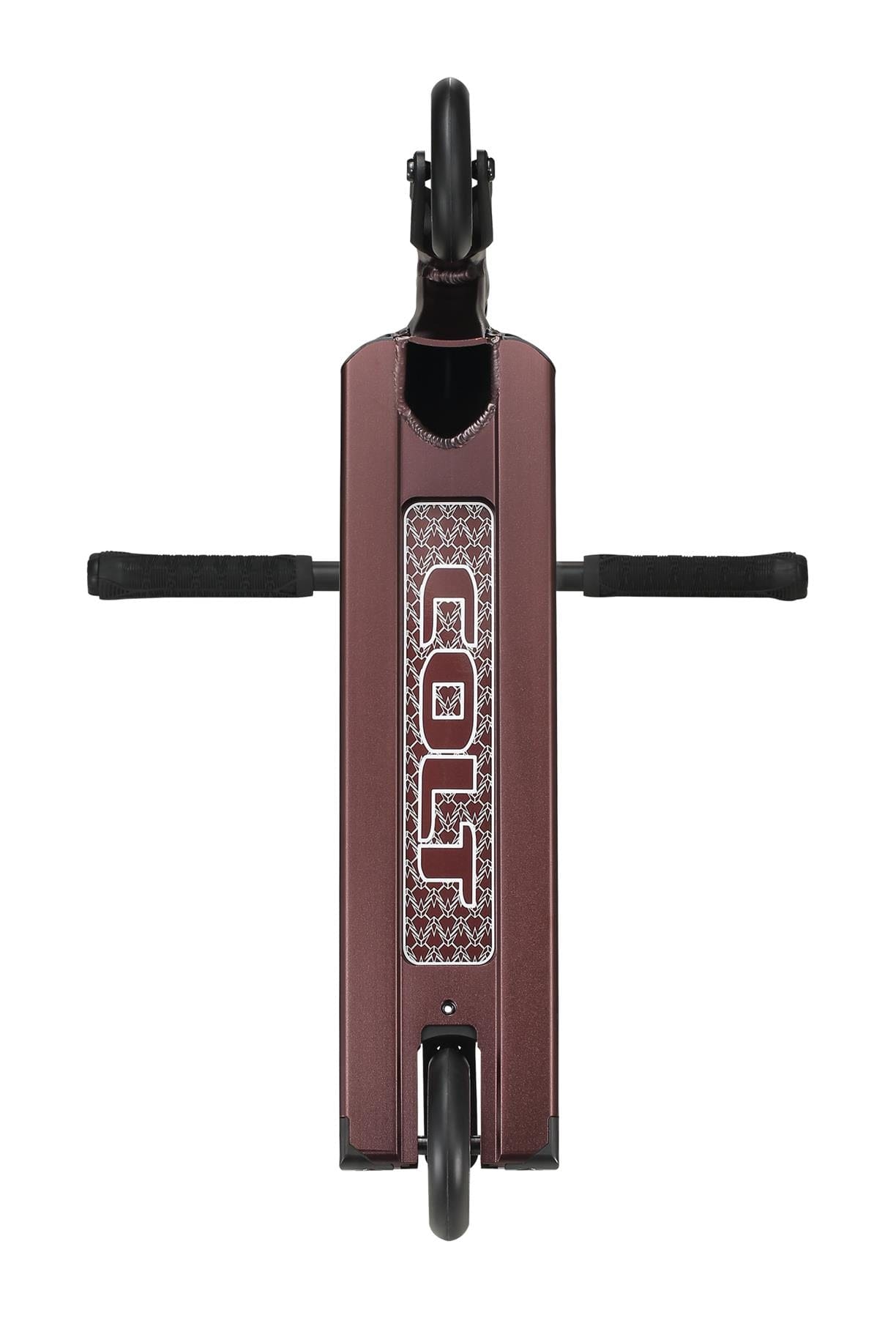 Top view of the Blunt Envy Colt S6 Complete Stunt Scooter - Bronze, showcasing a brown deck adorned with a geometric pattern and a stylized logo. The chromoly Tension bars extend outward, with the front wheel in view. The design is sleek and modern, epitomizing a hybrid style scooter aesthetic.