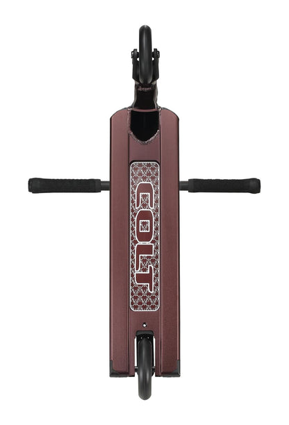 Top view of the Blunt Envy Colt S6 Complete Stunt Scooter - Bronze, showcasing a brown deck adorned with a geometric pattern and a stylized logo. The chromoly Tension bars extend outward, with the front wheel in view. The design is sleek and modern, epitomizing a hybrid style scooter aesthetic.