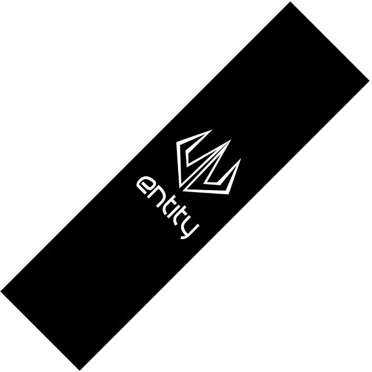 The black rectangular banner showcases a minimalist design with a white angular logo resembling a stylized "W" above the word "entity" in lowercase letters, making it perfect for customizing your scooter or adding flair to the Entity Original Logo Stunt Scooter Griptape in Black.