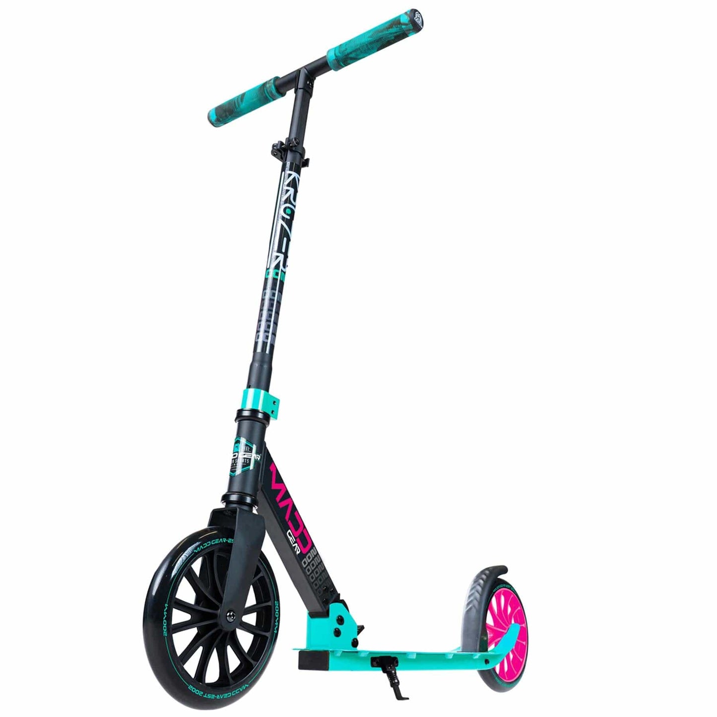 The Madd Gear MGP Carve Kruzer V2-200 Commuter Foldable Scooter in Black and Teal is a sleek and contemporary option featuring a rear wheel with pink accents and matching handle grips. Its larger front wheel is designed for a comfortable ride, while the kickstand offers added convenience for commuters.