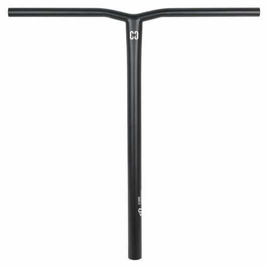 The CORE Apollo Super Steel Oversized SCS Stunt Scooter Bars in black measure 630mm x 610mm and are crafted from Chromoly 4130. The smooth, T-shaped handlebar features a sleek and minimalistic design with the CORE brand logo near the top center, making it an ideal choice for stunt scooter enthusiasts who value both durability and style.