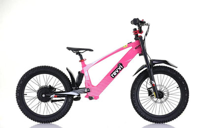 The Revvi 20" Kids Electric Balance Bike in pink by Revvi flaunts a sleek frame and knobby tires on a white backdrop. This electric motor bike offers speed settings, front suspension, and a prominent seat for a sporty and stylish appeal.