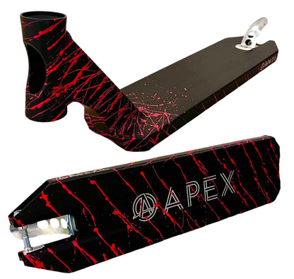 The Apex Blood Splatter Special Edition Stunt Scooter Deck, measuring 5" x 19.5", features a striking red splatter design with "APEX" in white on the side. Known for its durability, this scooter deck comes with reinforced ends and an elegant, modern aesthetic, making it one of the top-rated scooter decks worldwide.