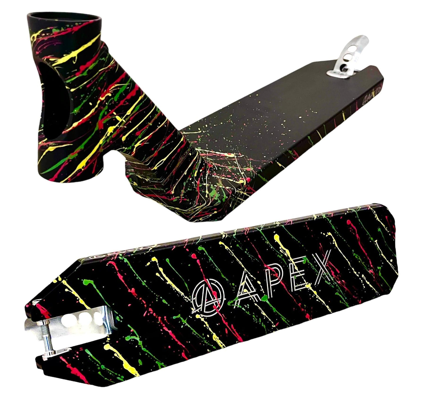 The Apex Rasta Special Edition Stunt Scooter Deck features a lightweight and durable design with a black base and vibrant green, yellow, and pink paint splatters. "Apex" is prominently displayed on the bottom, visible from side and bottom angles. Dimensions: 5" x 19.3".