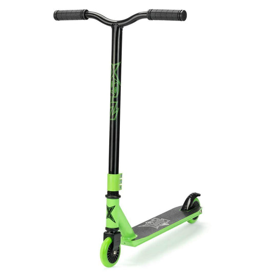 Introducing the Xootz Envy Y-Bar Complete Stunt Scooter in Green, a dynamic choice for performing extreme tricks. This scooter features a Y-bar handle and a textured deck, highlighted by stylized lettering graphics. The front wheel comes in green and the rear in black, both showcasing spoke-like designs with smooth ABEC-7 bearings for optimal performance.