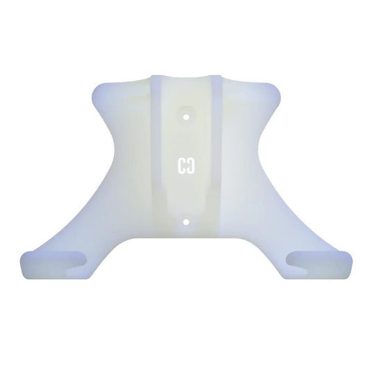 The CORE Scooter Wall & Floor Stand - Clear from CORE is a white plastic wall mount bracket featuring a symmetrical design with two screw holes for easy installation. Its smooth surface makes it ideal for securely supporting your scooter when not in use, and it includes a subtle logo or design element in the center for an added touch of elegance.