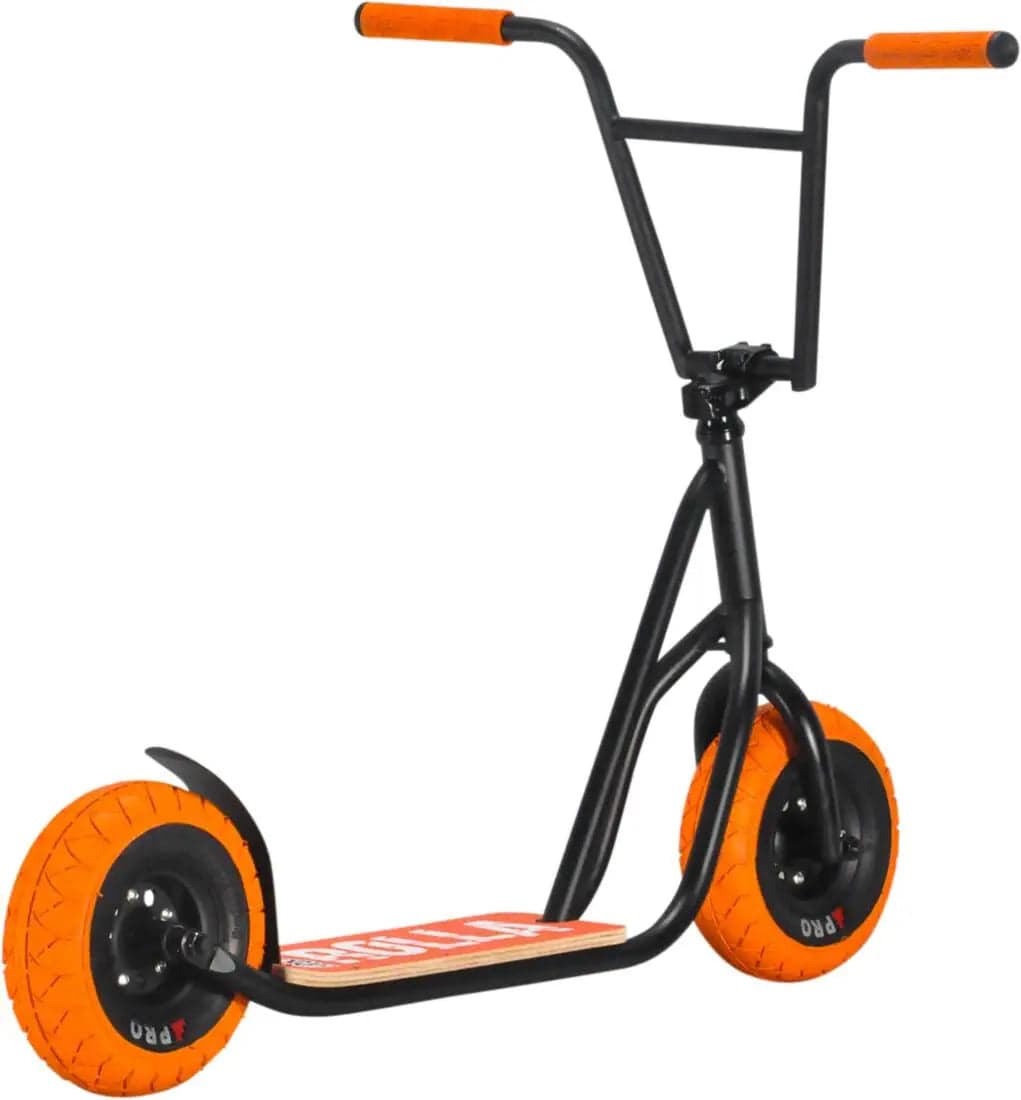 The Rocker brand's Rocker Rolla Big Wheel Complete Scooter offers a sleek black frame complemented by vibrant orange tires and handle grips. Its wooden deck features a striking red design, and the sturdy Hi-Ten steel frame, along with its large wheels, makes it ideal for extreme trick riding and off-road escapades.