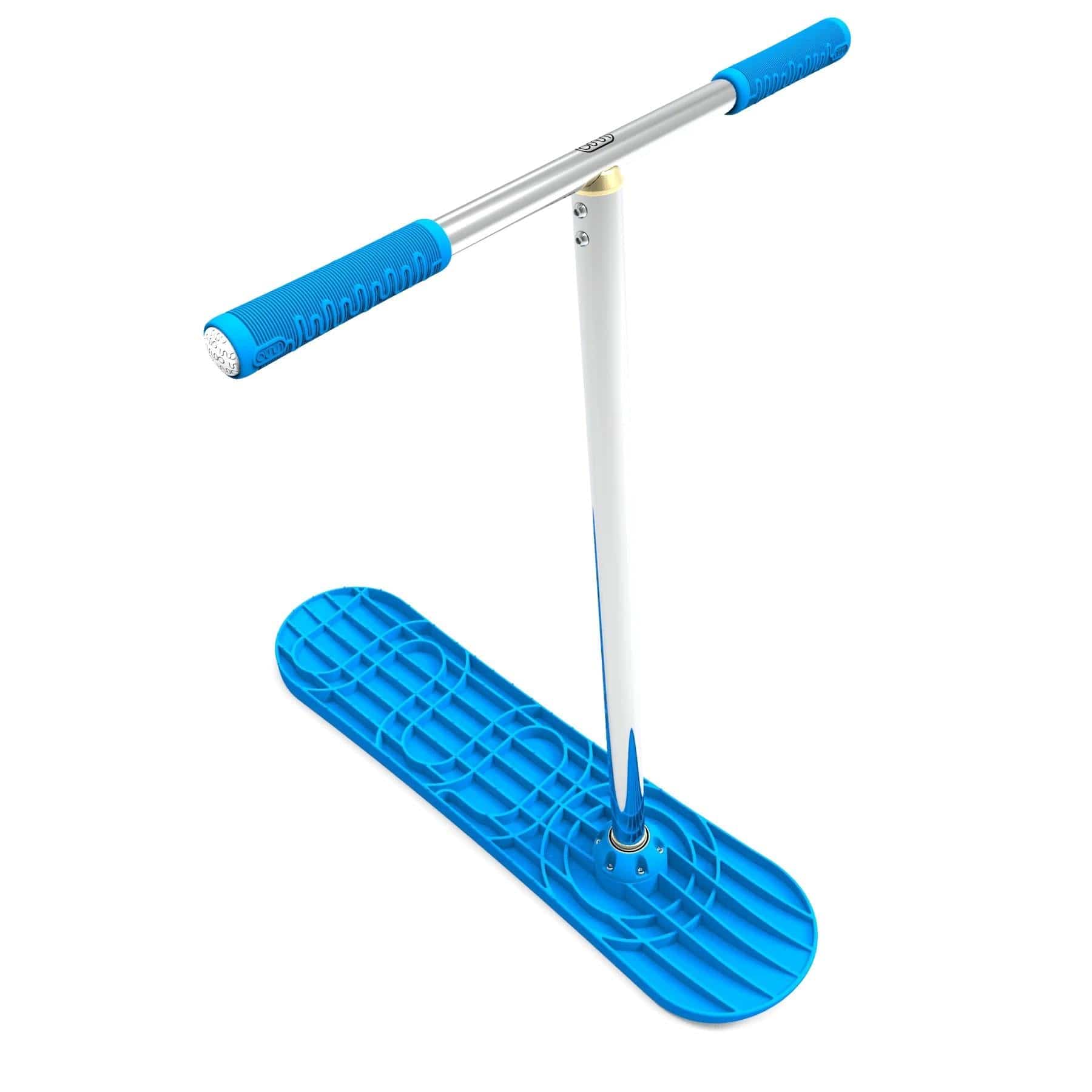 The INDO Snowscoot Complete Snow Scooter - Blue Snow features a ski-like base with a blue and white design, long handlebar with blue grips, and a textured blue base, perfect for mastering snow tricks.