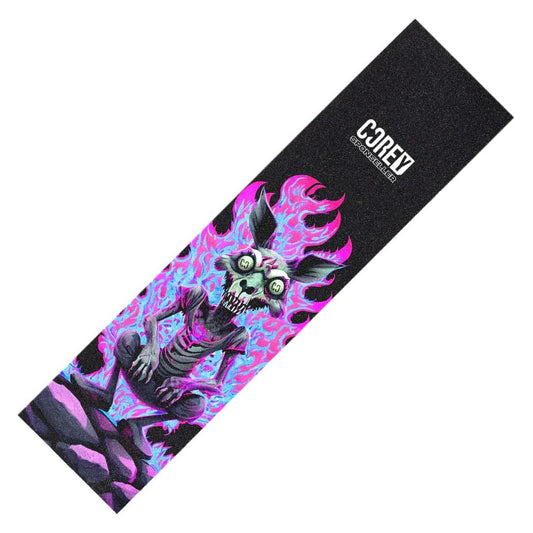 The CORE Signature Stunt Scooter Griptape - Corey Sponseller features a vivid, stylized graphic of a skeleton enveloped in pink flames. This striking design pops against the black backdrop, with "COREY" prominently displayed in the corner, making it ideal for showing off your scooter skills with flair.