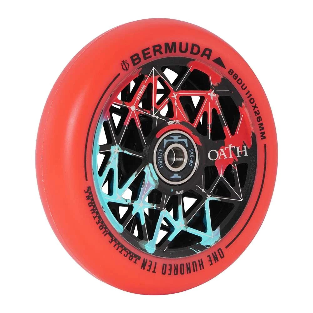 A Bermuda 110mm stunt scooter wheel from Oath in a vibrant red with a black core featuring a geometric spoke design, complemented by turquoise accents. The core displays the brand "OATH" alongside the dimensions "880 110x28mm." It is enhanced with Oath Fidelity bearings for superior performance and corrosion resistance.