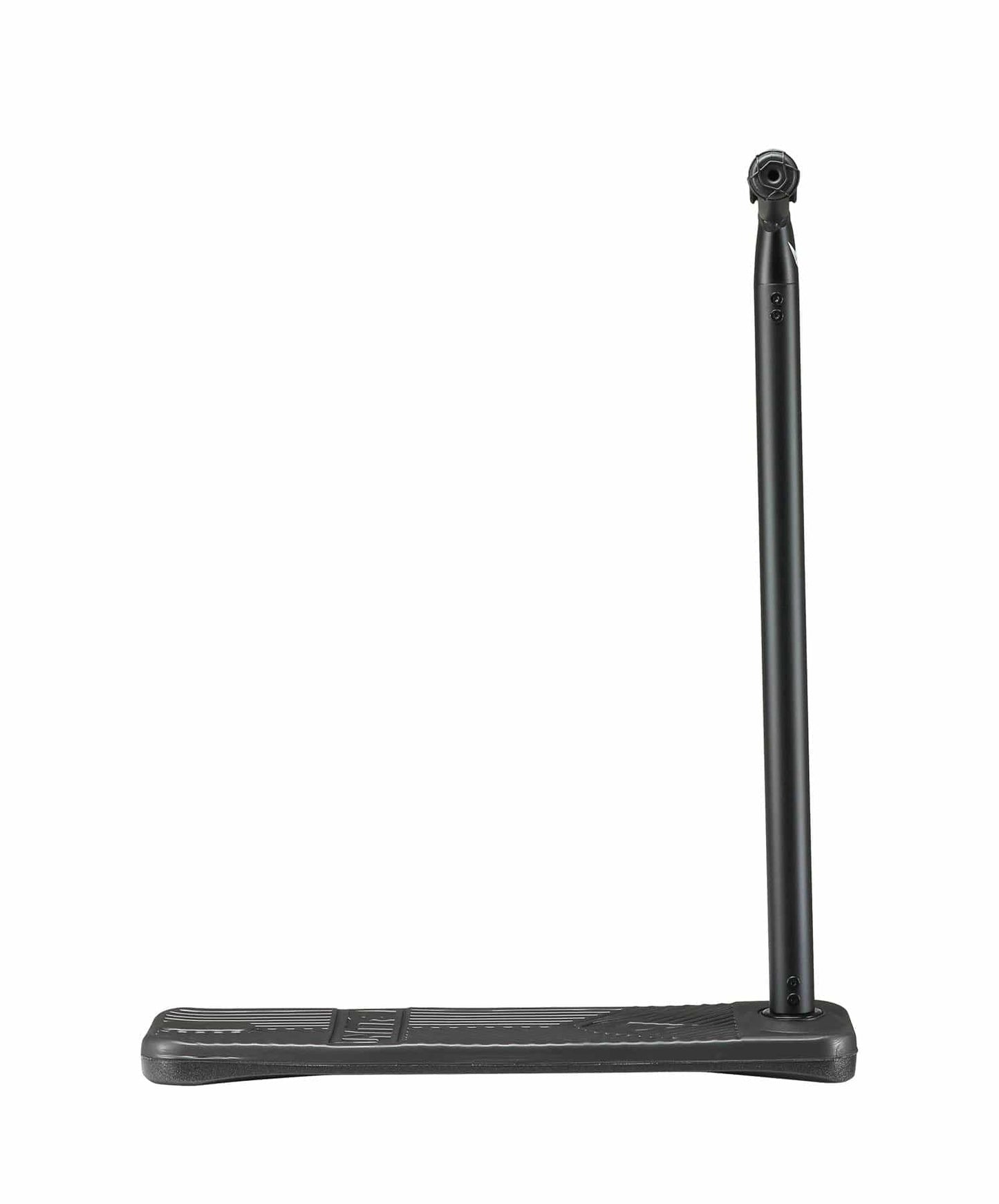 The Blunt Envy TS Pro 6 Indoor Trampoline Stunt Scooter in black features a customizable height with its L-shaped metal frame. The textured base and vertical rod include a small connector at the top for secure attachment, making it perfect for your adaptable needs.