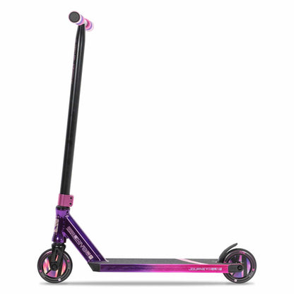 Introducing the Invert Supreme Journey 1+ Jamie Hull Stunt Scooter, a sleek option perfect for young riders. Boasting a tri electro pink and purple gradient design, it features a sturdy deck with matching wheels and a T-bar handle, making it ideal for the skatepark. The brand name "Invert" proudly adorns the deck.