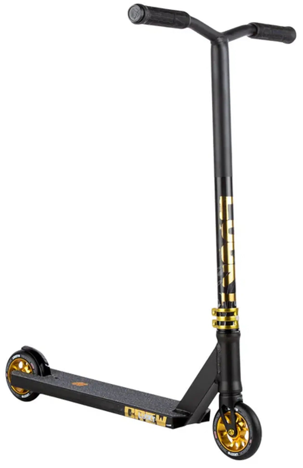 Experience the excitement of the Lucky Crew 2025 Complete Stunt Scooter in Obsidian. This expertly crafted scooter features T-shaped handlebars with black grips, a non-slip deck, and small gold wheels, designed for executing epic tricks and delivering an ultimate pro scooter experience.