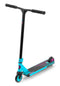 The Slamm Assault Complete Stunt Scooter by Slamm features a striking blue and black design, equipped with a T-bar handle and an alloy deck. The deck is finished with black grip tape decorated with colorful speckles. The scooter uses 110mm aluminum wheels in the front and back, highlighted by vibrant purple accents on the clamp and rear wheel.