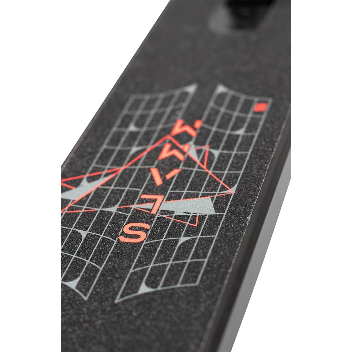 Close-up of a skateboard deck showcasing a geometric grid design with red and white accents, echoing the bold style of the Slamm Classic Complete Stunt Scooter - Neochrome. The tilted grid emphasizes the letters "S" and "A" among its shapes, while the textured surface guarantees a strong grip.