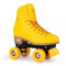 The Rookie Classic 78 Quad Roller Skates by Rookie feature a vibrant yellow high-top design with orange laces, a wooden-look sole, four yellow wheels, and a yellow toe stop on a white background. These skates are vegan-friendly.