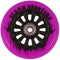 A close-up of the Slamm Nylon Core 100mm Scooter Wheel in vibrant pink with a black hub, featuring "Slamm Scooters" printed around the rim. The polyurethane composite wheel is adorned with an artistic design showcasing black paint drips, and it is equipped with ABEC 9 Chrome Bearings for smooth rides.