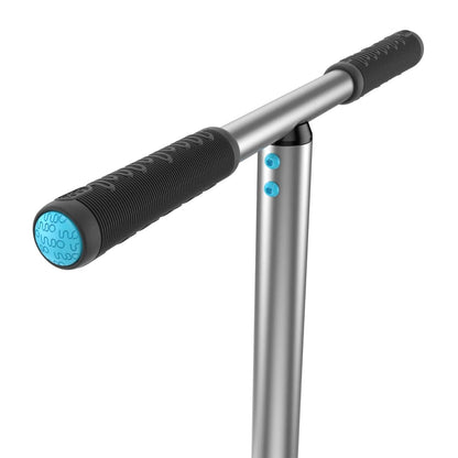 Close-up of the INDO Kickstart Classic Indoor Trampoline Stunt Scooter's adjustable handlebar, featuring black grips and a sleek silver stem. The handle ends are accented with blue, accompanied by two blue buttons on the stem. Set against a plain white background, this design is perfect for any trick playground enthusiast.