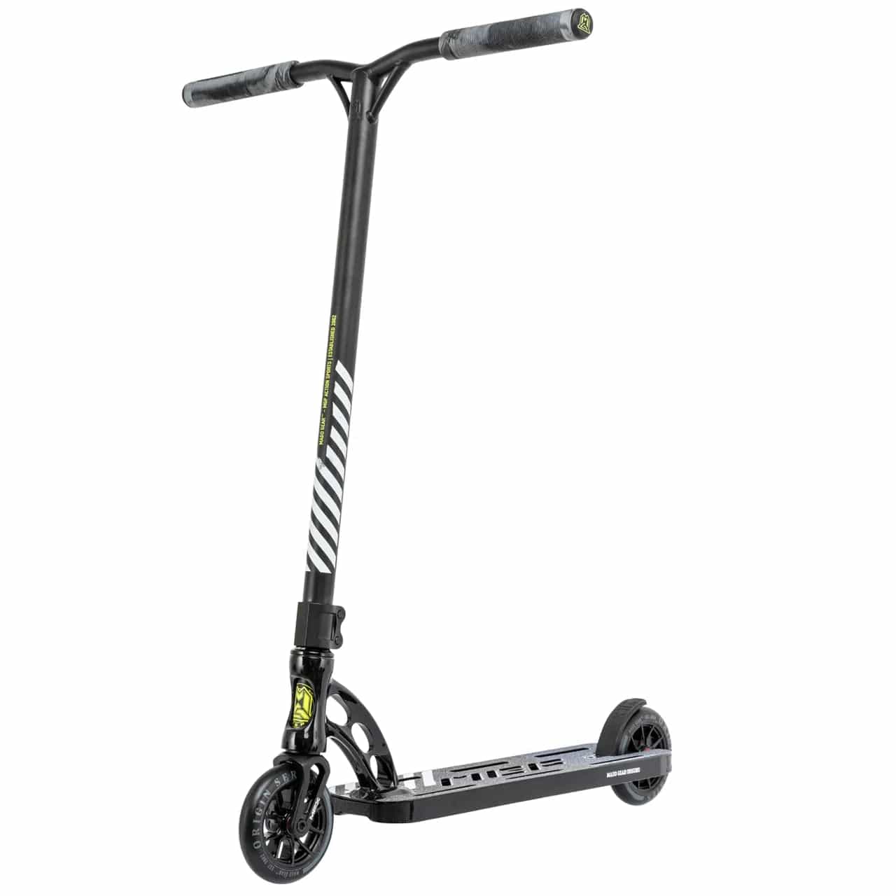 The Madd Gear MGP VX Origin Team Edition Complete Stunt Scooter in Chrome Black is a sleek, lightweight model featuring T-shaped handlebars and small wheels. Its deck showcases a striped design, and the handlebar grips are textured for enhanced control and durability.