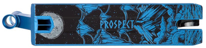 The Longway Lucky Prospect Limited Edition Royal Blue Stunt Scooter Deck, measuring 5" x 20", showcases a blue and black cosmic design with mountains, stars, and a moon. "PROSPECT" is prominently featured in the center. Made from high-quality Aluminium 6000 Series, it has a rectangular shape and left mounting hole.