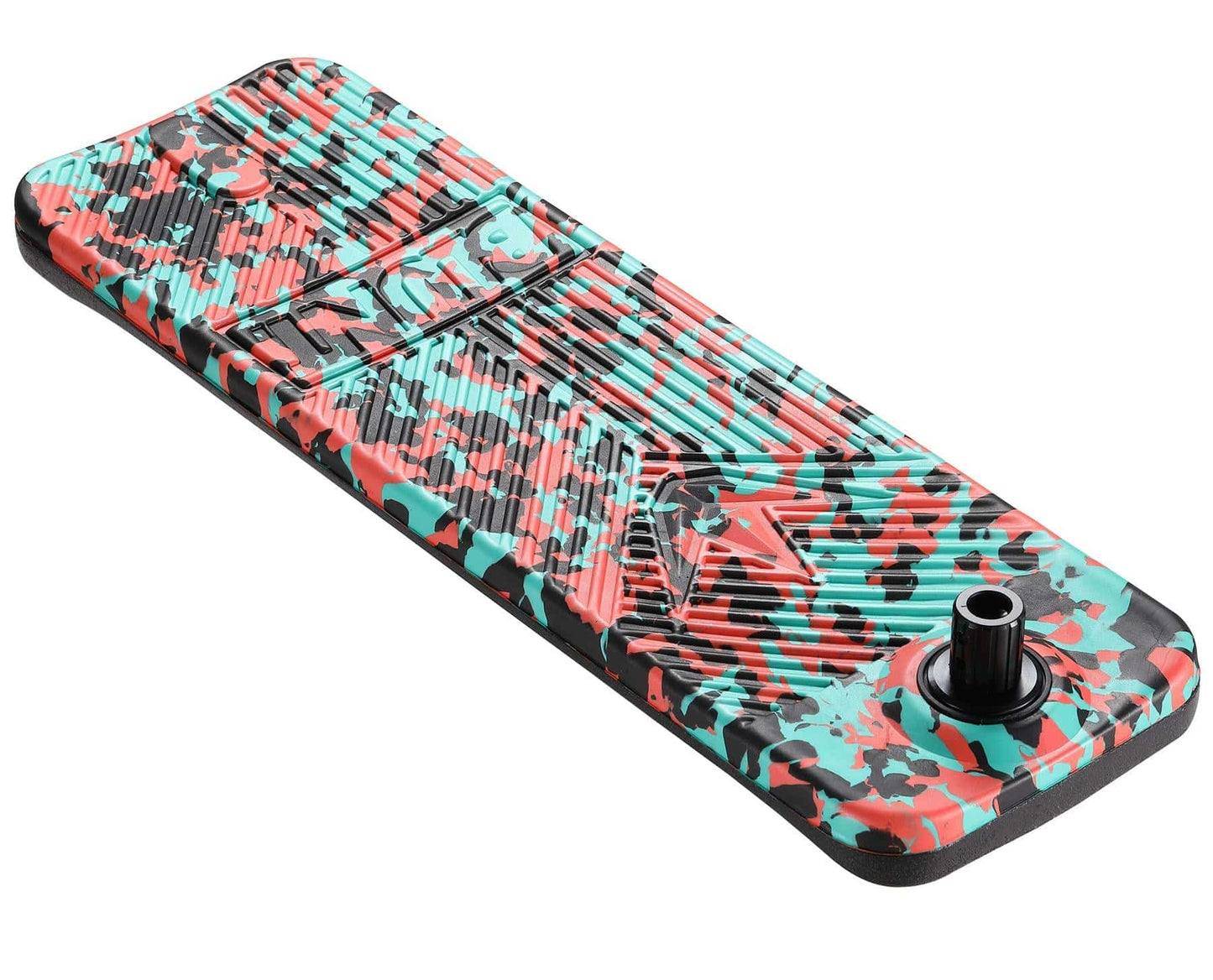 Introducing the Blunt Envy TS Pro 7.5 Indoor Trampoline Stunt Scooter - Teal Camo, featuring a vibrant scooter deck with a striking red, teal, black, and white camouflage pattern. This customizable deck is designed with textured ridges and includes a metal attachment point for securely fastening components.