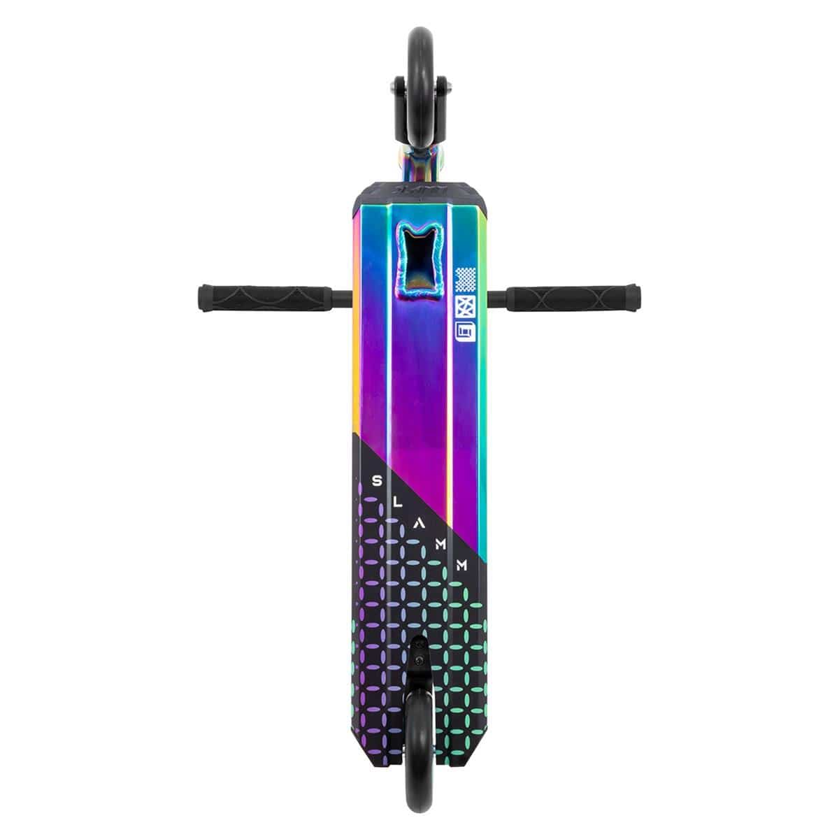 Top view of the Slamm Assault Complete Stunt Scooter - Neochrome, highlighting its vibrant alloy deck adorned with geometric patterns and "SLAMM" in white letters. This sleek design boasts black handlebars and 110mm aluminum wheels, elegantly combining modern aesthetics with lasting performance.