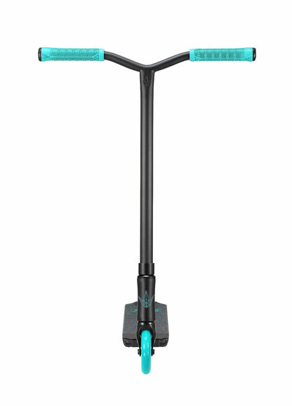 The Blunt Envy ONE S3 Complete Stunt Scooter in teal showcases a sleek black design with turquoise handle grips and a matching front wheel. It features a wide T-bar handle with textured grips for enhanced control, while the aluminum deck is adorned with a geometric pattern. The scooter is depicted from the front, highlighting its straight-aligned front wheel for an impressive view.