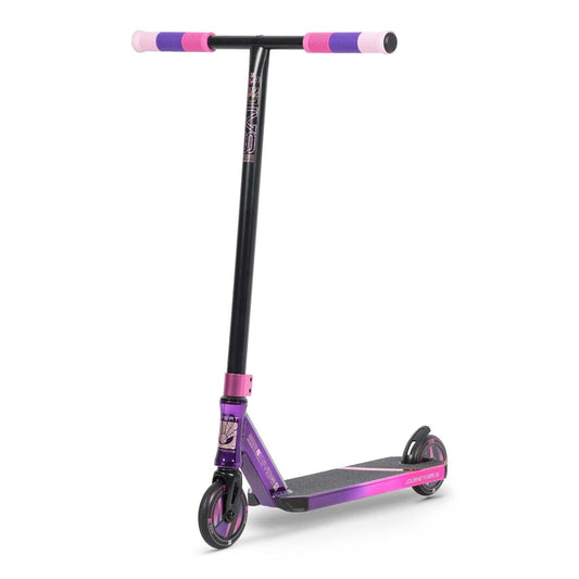 Introducing the Invert Supreme Journey 1+ Jamie Hull Stunt Scooter in Tri Electro Pink/Purple by Invert. This vibrant scooter showcases a robust 6061 aluminum frame, complemented by a black handlebar and bold purple and pink grips. Its sleek black deck features captivating pink and purple accents, while the hollowcore wheels enhance its dynamic design.