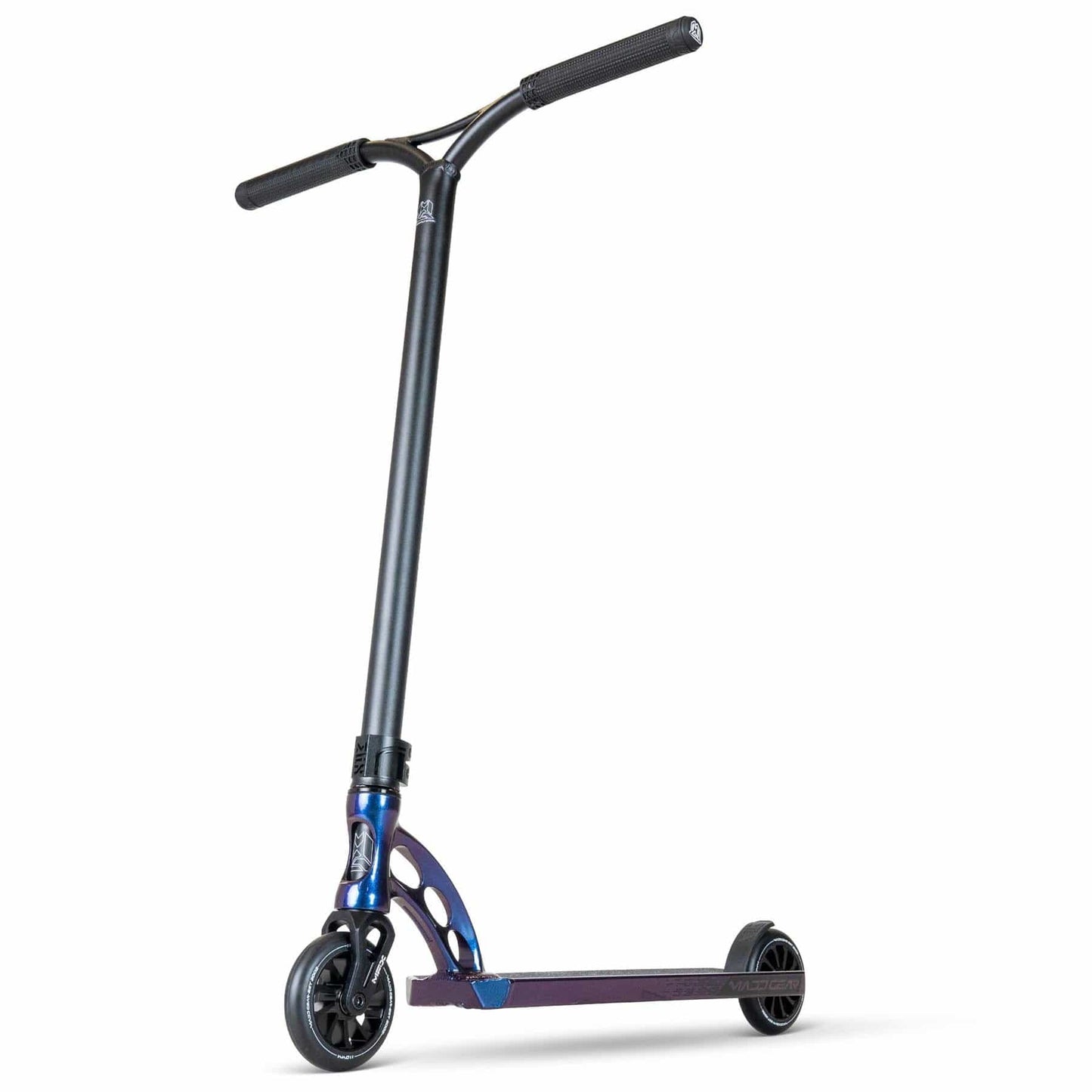 The Madd Gear (MGP) VX Origin III 500 Complete Stunt Scooter offers a sleek, modern design featuring a sturdy T-bar handle and small wheels in a striking Purple Flip finish, ideal for park riding.