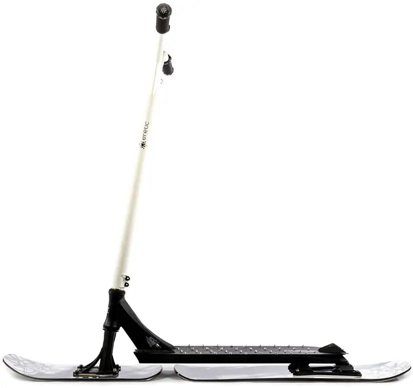 The Eretic Snow Scooter - Powder by Eretic is a sleek black and white winter sport scooter with a long handlebar, dual skis for precision steering, and a textured footboard, ideal for mastering tricks on snow and ice.