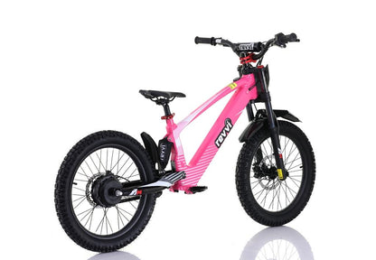 The Revvi 20" Kids Electric Balance Bike in bright pink features thick off-road tires, a black seat, handlebars, and "r3vvi" branding. With adjustable speed settings, this electric-powered motorbike showcases a modern design on a white background.