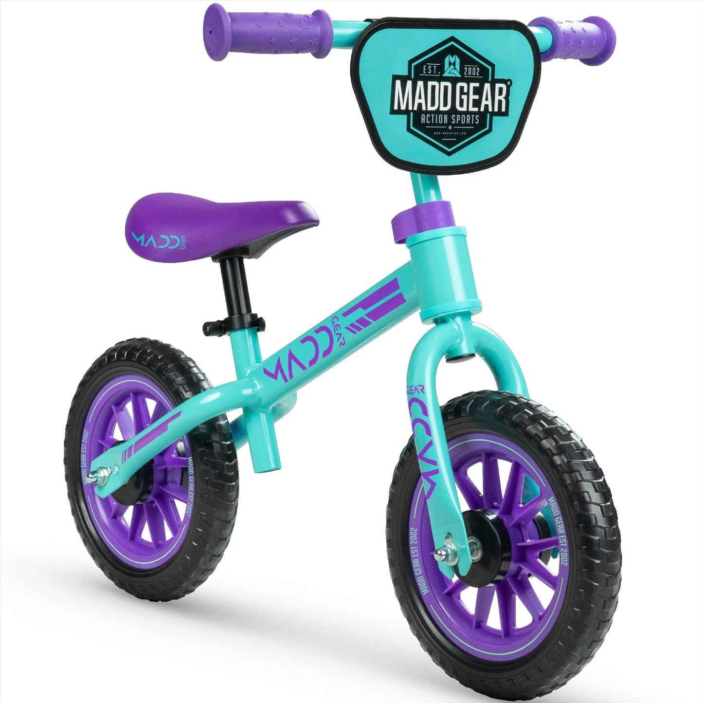 The Madd Gear My 1st BMX Balance Bike in teal and purple features a small front number plate, purple handlebars, wheels, and seat. It has a sturdy frame with durable black airless tires, perfect for kids to ride worry-free of flats.