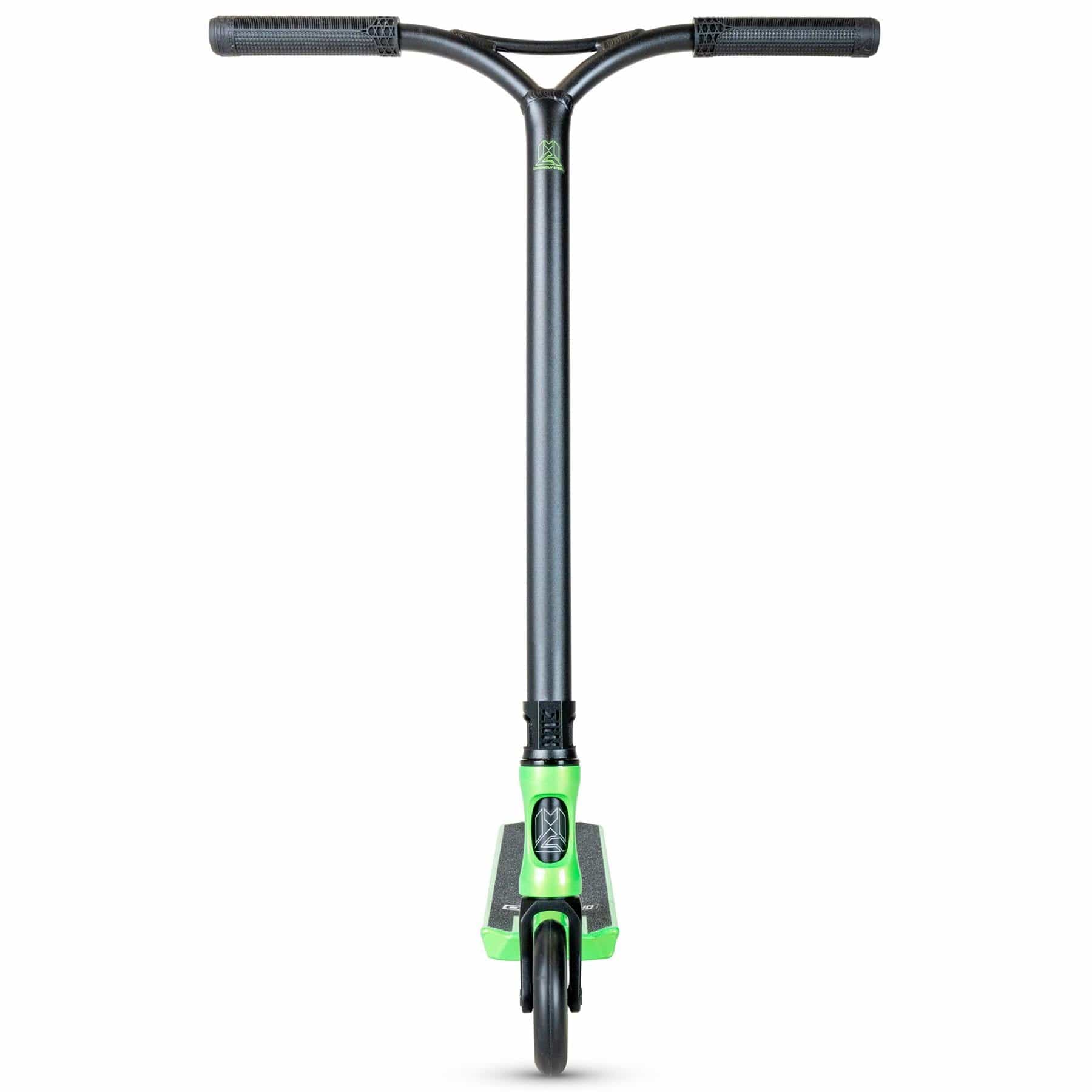 The Madd Gear (MGP) VX Origin III 450 Complete Stunt Scooter - Dragon Skin showcases a robust frame and single front wheel, featuring a lightweight deck and wide aluminum handlebars. In its upright position, it highlights a sleek green and black design.