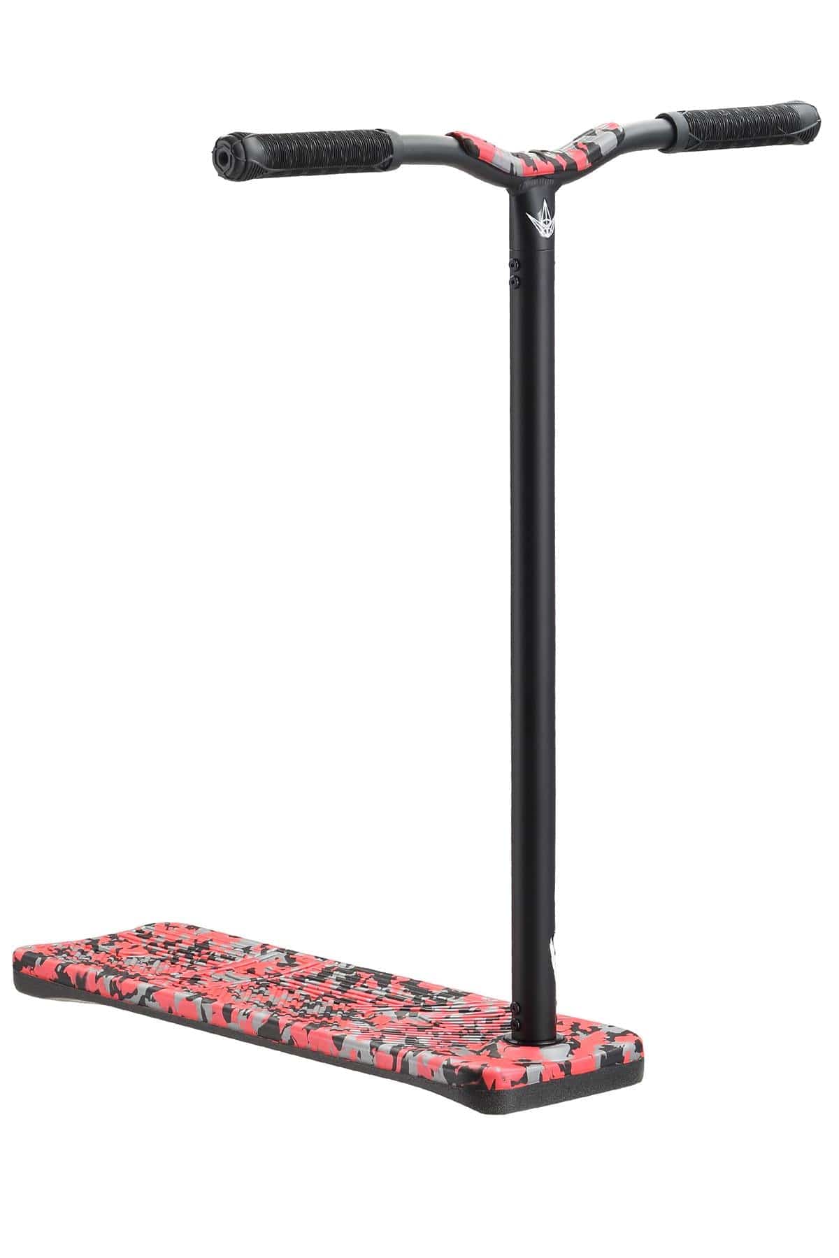 Introducing the Blunt Envy TS Pro 7.5 Indoor Trampoline Stunt Scooter in Red Camo, featuring black handlebars and a vibrant camouflage-patterned deck in shades of red, black, and gray. This freestyle marvel boasts customizable height for any rider, with a sleek black frame and wheels standing elegantly against a plain white background.