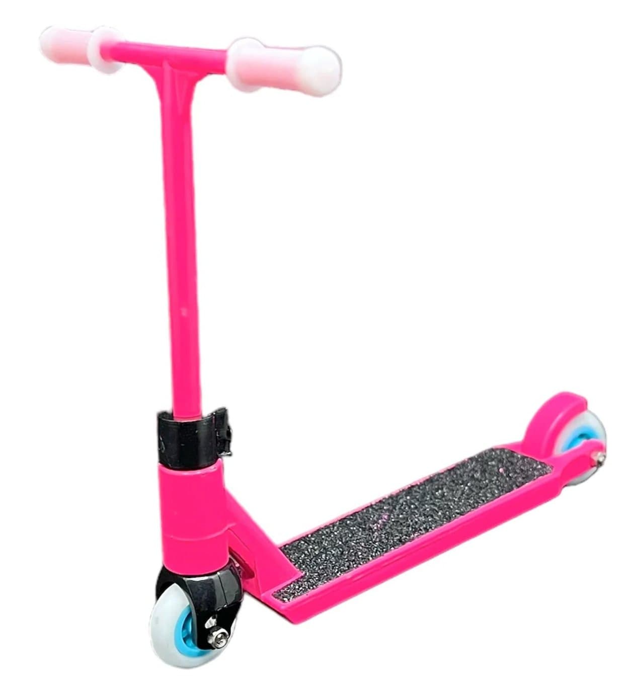 The Finger Whips Finger Toy Scooter in pink showcases a two-wheel design with black grip tape on the deck, complemented by white accents on the handle grips and wheels, all set against a white background. Ideal for extreme sports enthusiasts looking for a customizable ride experience.