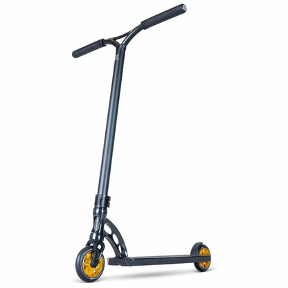 A Madd Gear (MGP) VX Origin III 500 stunt scooter in Diamond Black Metallic stands upright against a white background, showcasing its T-shaped aluminum handlebar and vibrant yellow wheels.