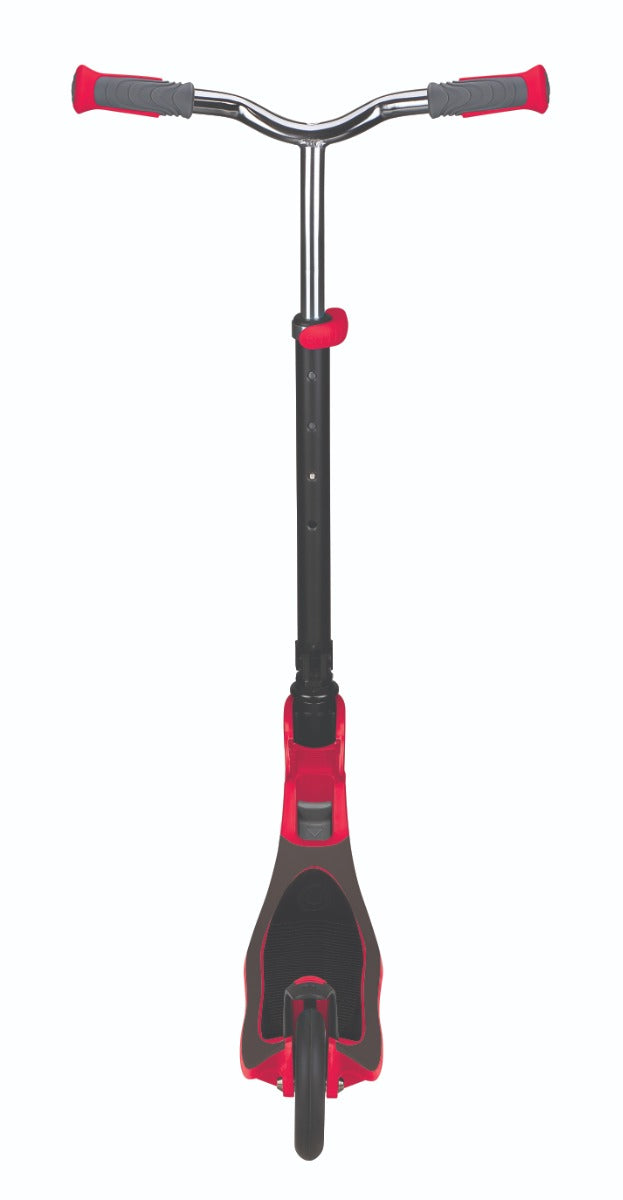 The Globber Flow 125 Foldable Kids Scooter, in a striking black and red color scheme, is shown from the front. It showcases adjustable T-bar handlebars, a sturdy frame, and a textured base for enhanced grip, blending sleek design with functionality.