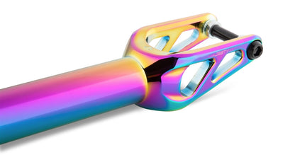 Close-up of the Drone Majesty 4 SCS/HIC Stunt Scooter Forks in neochrome, made from durable 7075 aluminum with a rainbow gradient finish. The fork features a modern design with triangular cutouts and comes equipped with SCS compression, attached to a matching steering tube.