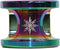 A neochrome oil slick yo-yo with a symmetrical star-like engraving in the center featuring stylized text, similar to those on JP's high-end Ninja Pro Scooters. The yo-yo boasts a shiny, reflective finish that displays a spectrum of colors including green, blue, and purple.