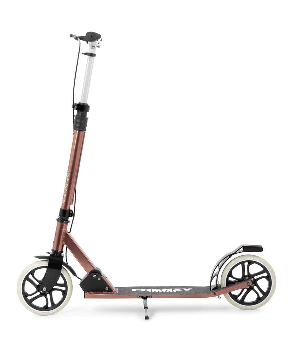 A side view of the Frenzy 205mm Dual Brake V4 Foldable Commuter Scooter in bronze, showcasing a sleek black deck and white wheels. It features handlebars with grips and a rear fender. The cutting-edge cable folding system makes it ideal for transport. The image depicts the scooter against a white background.