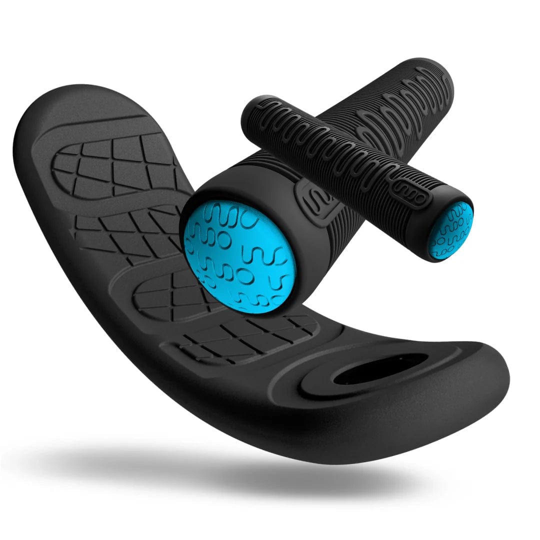 A set of black foot massage rollers with a textured surface and vibrant blue ends, reminiscent of the dynamic vibe of the INDO Kickstart Classic Indoor Trampoline Stunt Scooter in black. The ergonomic design promises therapeutic use, similar to how the adjustable handlebar ensures comfort and ease on an energetic ride.