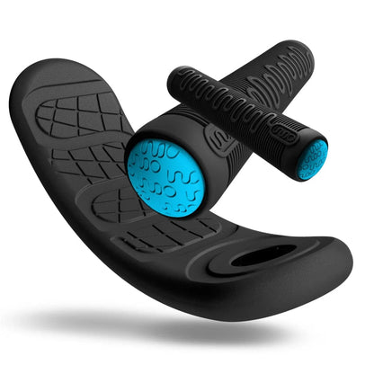 A set of black foot massage rollers with a textured surface and vibrant blue ends, reminiscent of the dynamic vibe of the INDO Kickstart Classic Indoor Trampoline Stunt Scooter in black. The ergonomic design promises therapeutic use, similar to how the adjustable handlebar ensures comfort and ease on an energetic ride.