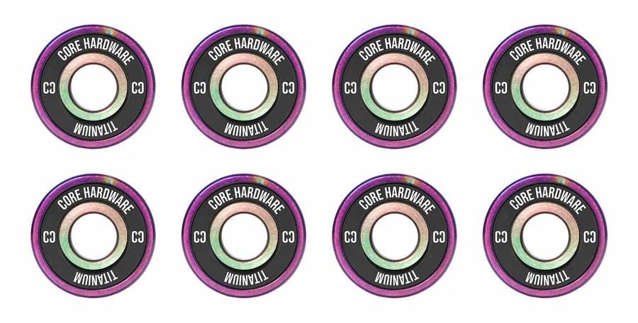 A set of eight vibrant skateboard bushings from CORE, known as the Titanium Neochrome Skateboard Bearings, are arranged in two rows of four. They feature a shiny iridescent finish with purple accents and are lightweight with anti-corrosive properties, with each bushing having a central hole.