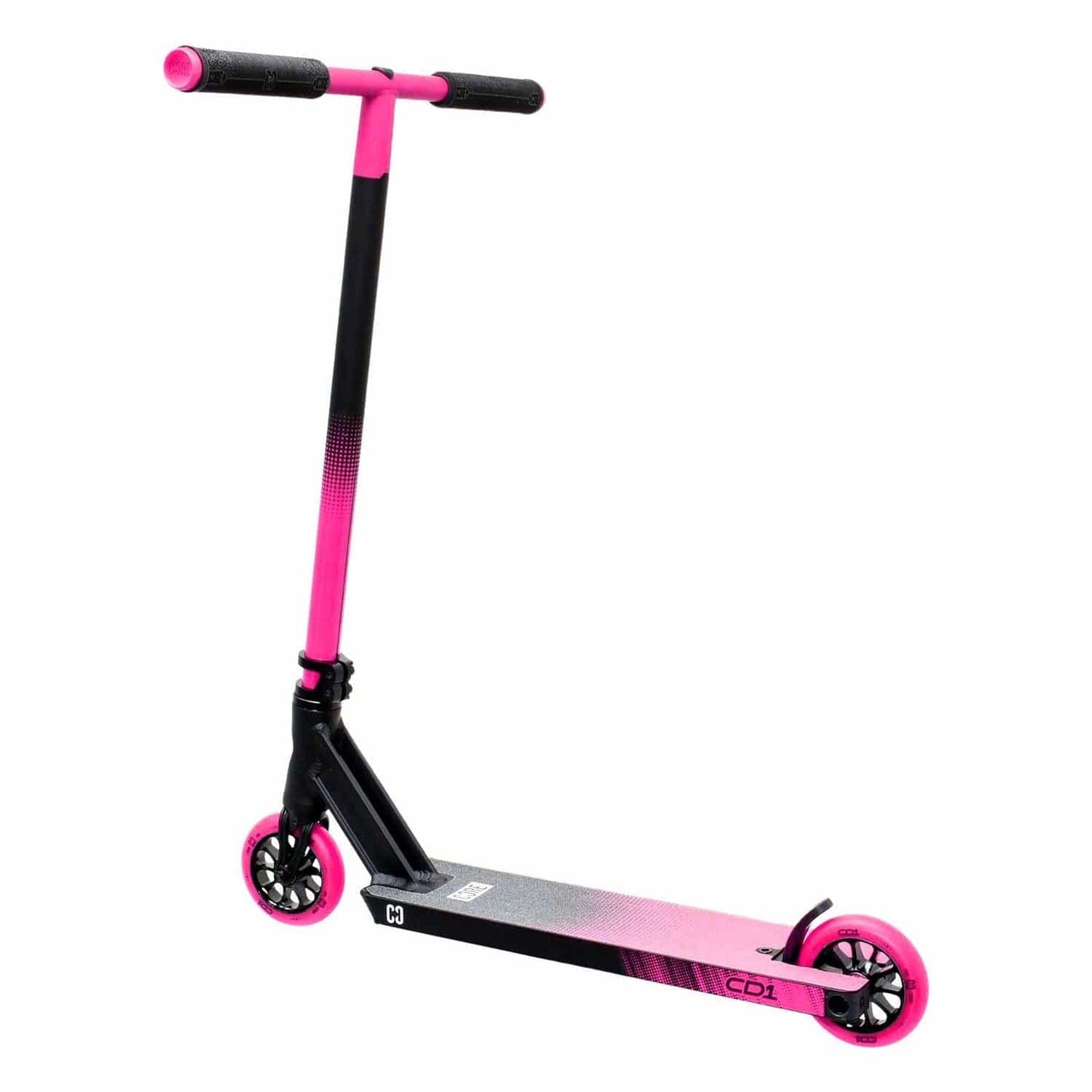 Introducing the CORE CD1 Complete Stunt Scooter in Pink/Black, crafted by CORE for beginner riders. This scooter features a pair of wheels, a spacious aluminum deck, and T-shaped handlebars. It showcases a stunning gradient design that transitions seamlessly from black at the top to pink at the bottom, allowing it to stand out with style.