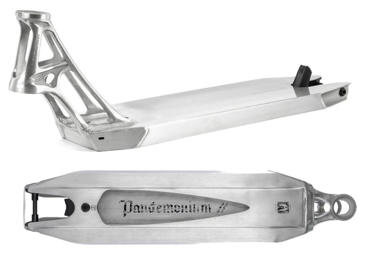 Two images of the Ethic DTC Pandemonium V2 Raw Stunt Scooter Deck, celebrated for being among the lightest in its category. The top image showcases a side view that emphasizes the complex cut-out design near the neck, while the bottom highlights its 6061-T6 aluminium construction with "Pandemonium" engraved on it and a distinctive pointed rear design.