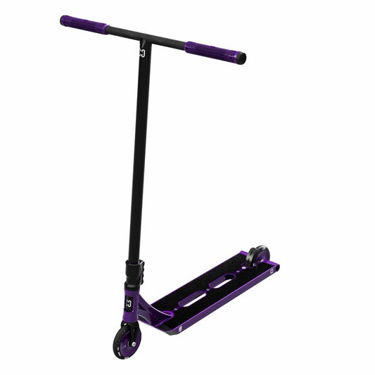 Introducing the CORE ST2 Jack "Halfbarz" Ward Signature Complete Stunt Scooter, a sleek purple and black model ideal for hybrid riders. It features a T-shaped handlebar with black grips and two small wheels, while the purple deck is adorned with cutout designs that blend style and function, ensuring smooth rides every time.