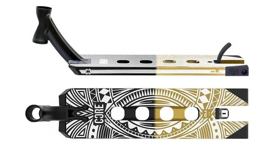 A close-up of the CORE CL1 Black / Gold Split LE Stunt Scooter Deck highlights its dual-tone design. The top showcases circular cutouts, while the underside features intricate geometric and sunburst patterns in black and gold, ideal for park-oriented stunts. The "CORE" branding is prominently displayed.