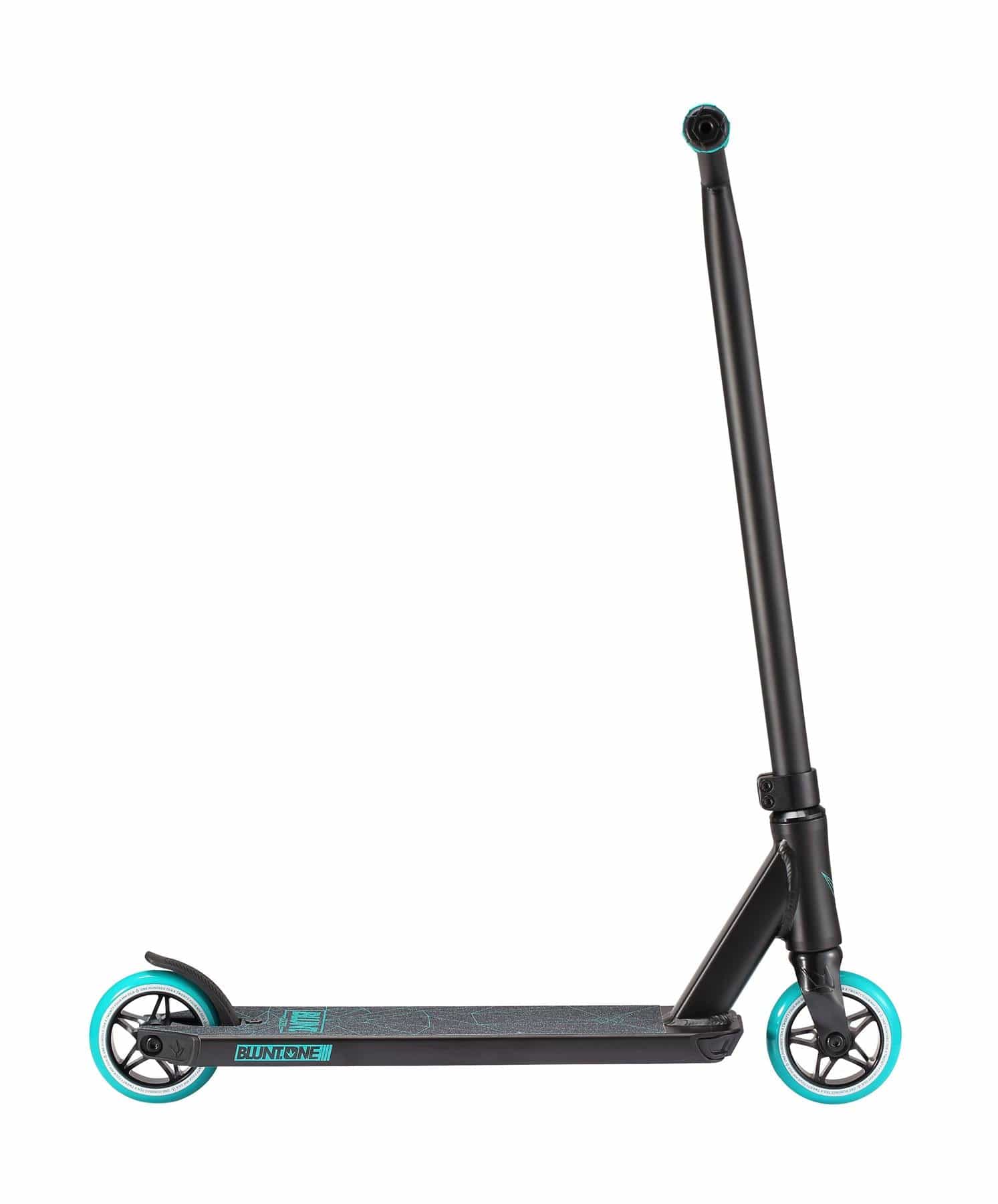 A Blunt Envy ONE S3 Complete Stunt Scooter in teal is showcased against a plain white background, featuring turquoise wheels, an aluminum deck for grip, and a sleek handlebar design.