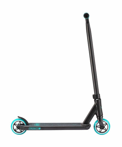 A Blunt Envy ONE S3 Complete Stunt Scooter in teal is showcased against a plain white background, featuring turquoise wheels, an aluminum deck for grip, and a sleek handlebar design.