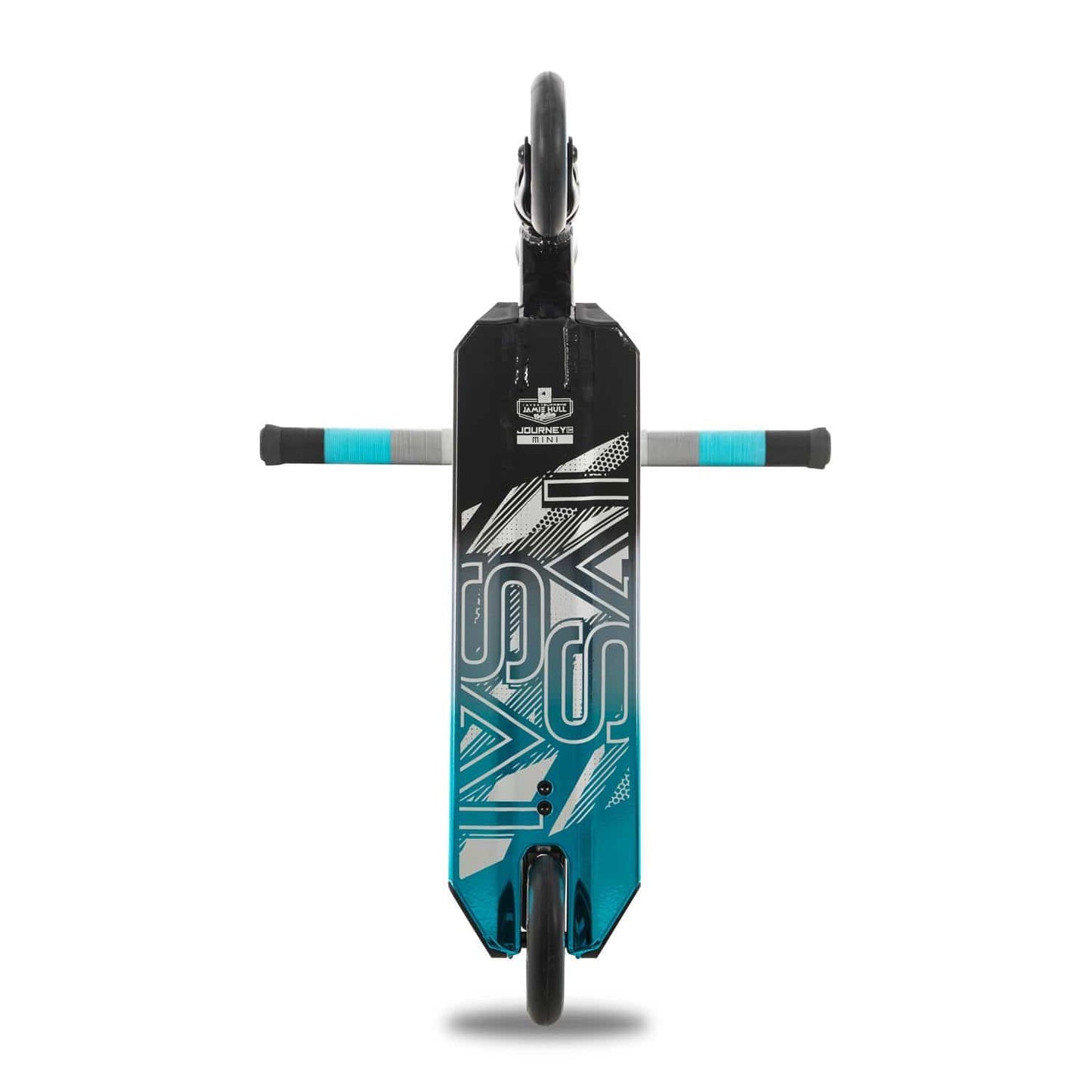 Seen from above, the Invert Supreme Journey 1+ Mini Jamie Hull Stunt Scooter showcases a sleek, angular design in black and tri electro teal. It features high-quality components with stylized graphics on the deck and blue grip tape on the handles, making it ideal for any skatepark action.